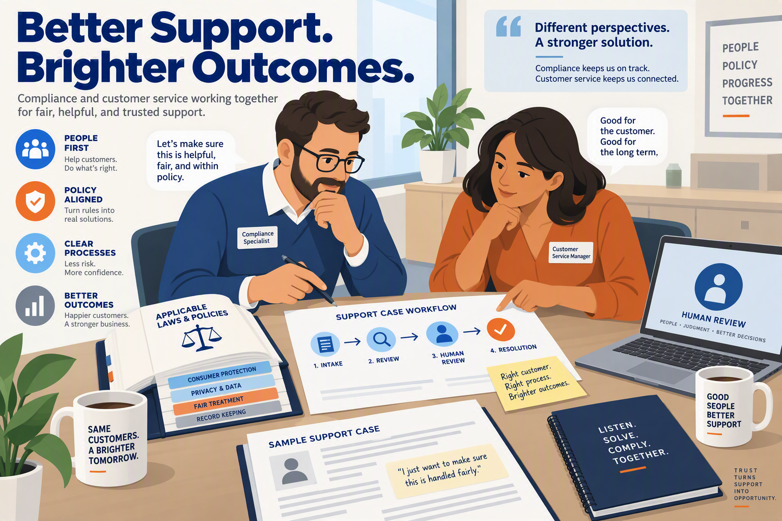 A compliance specialist and a customer-service manager sit across a small meeting table, comparing a workflow diagram with a