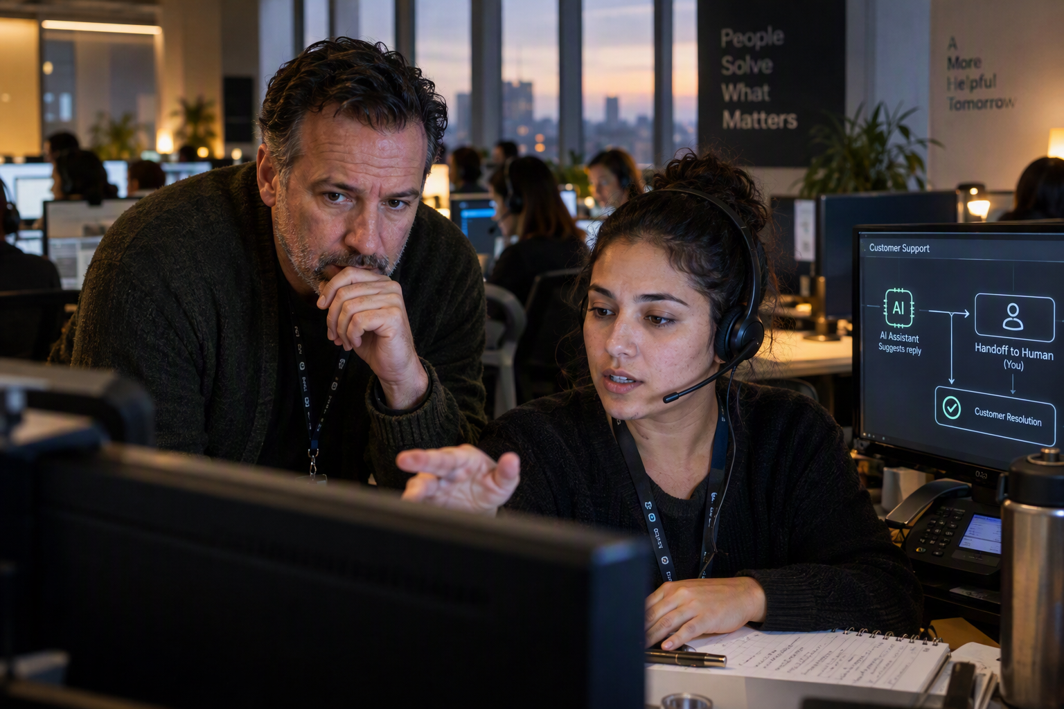 A contact-center operations lead and a frontline support agent jointly review a customer interaction at a quiet workstation,