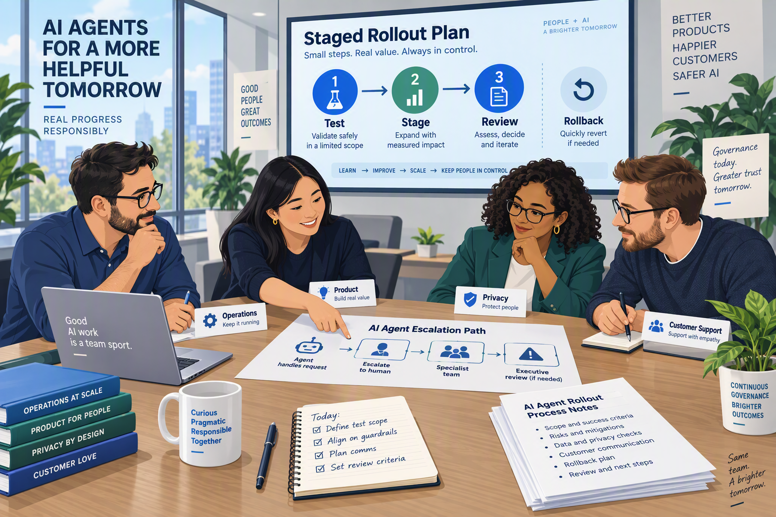 A small cross-functional team—operations, product, privacy, and customer support—plans a staged AI-agent rollout around a