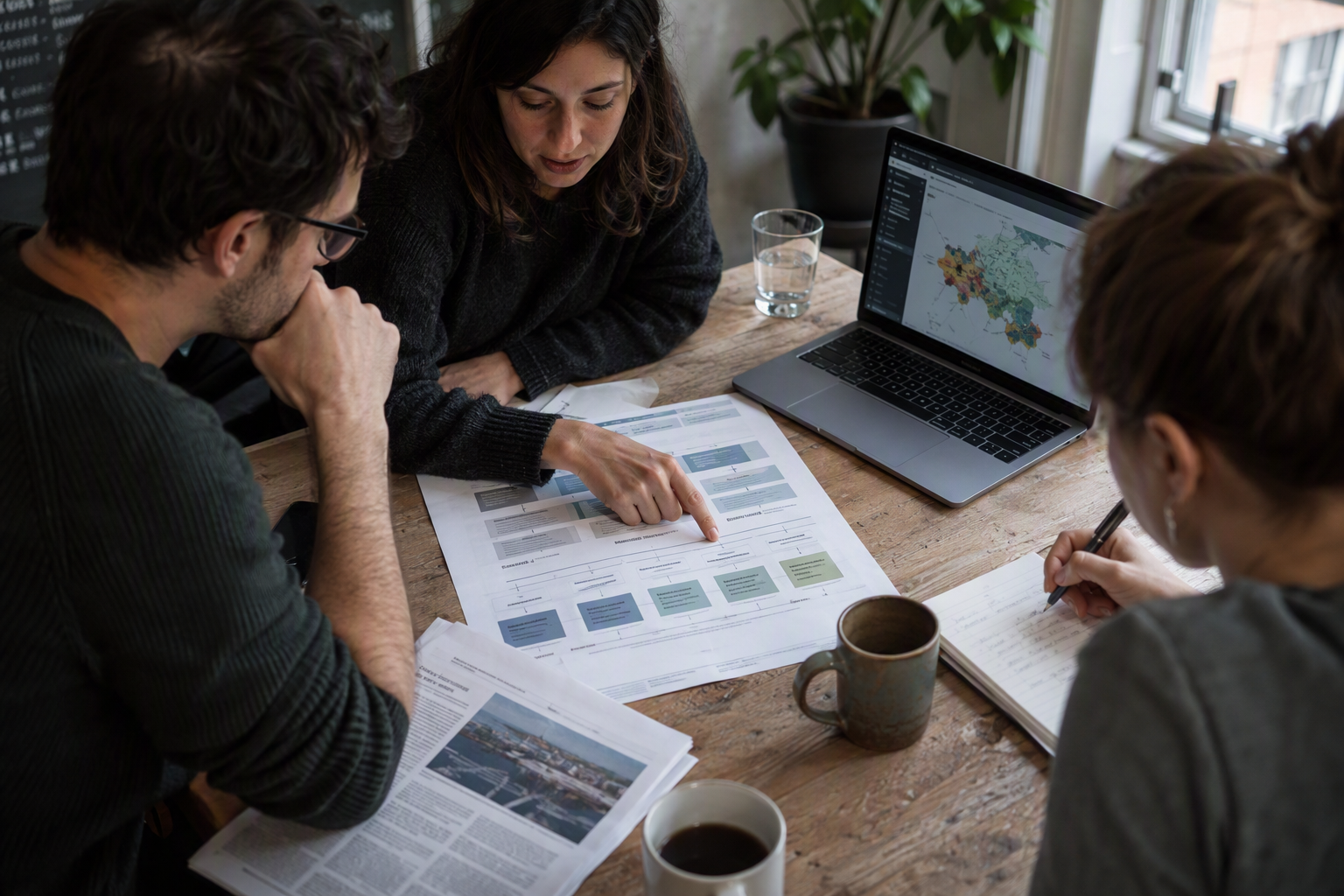 A research-minded team gathers around a table with a printed risk framework, a laptop displaying an abstract risk map, and a