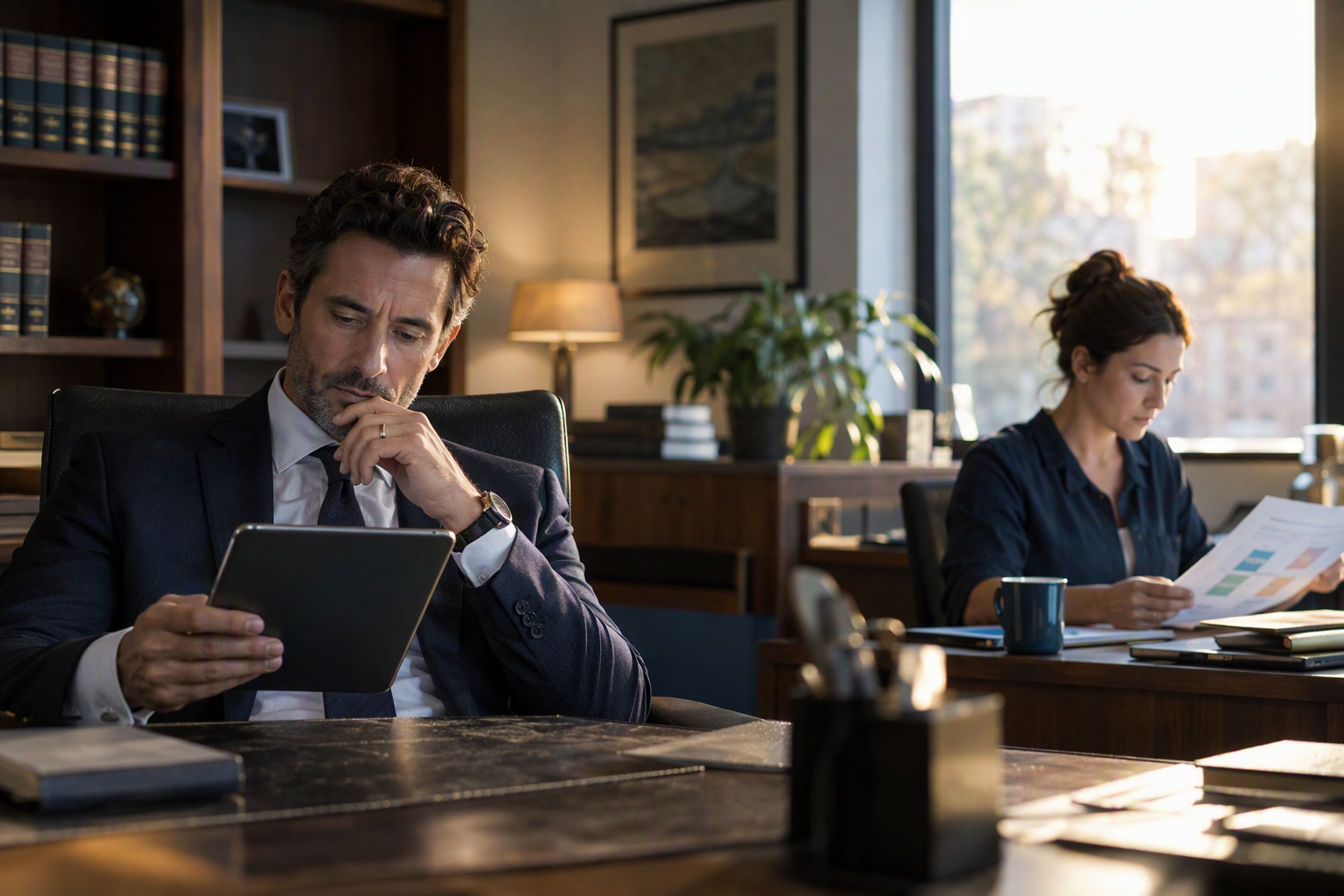 Show a legal professional reading a tablet in a quiet office while a customer-support operations manager studies a printed