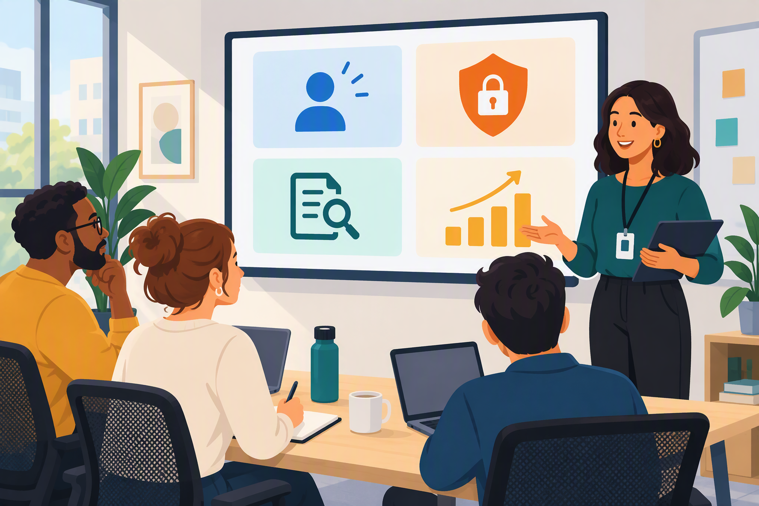 Show a support manager answering questions from a small team in a bright training room, with a wall display arranged as four