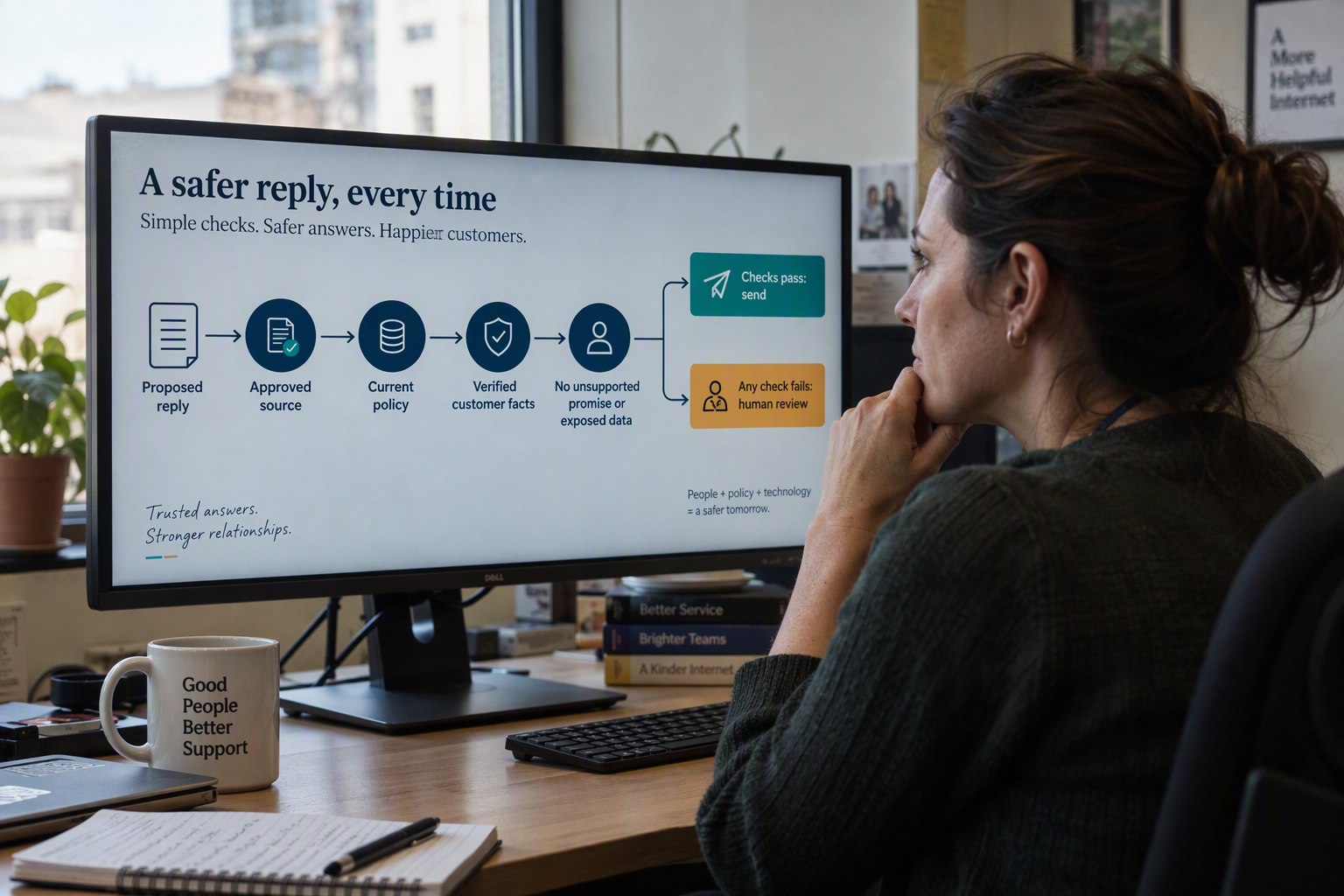 Create a detailed process infographic tracing a support agent’s proposed reply through a verification checklist and approval