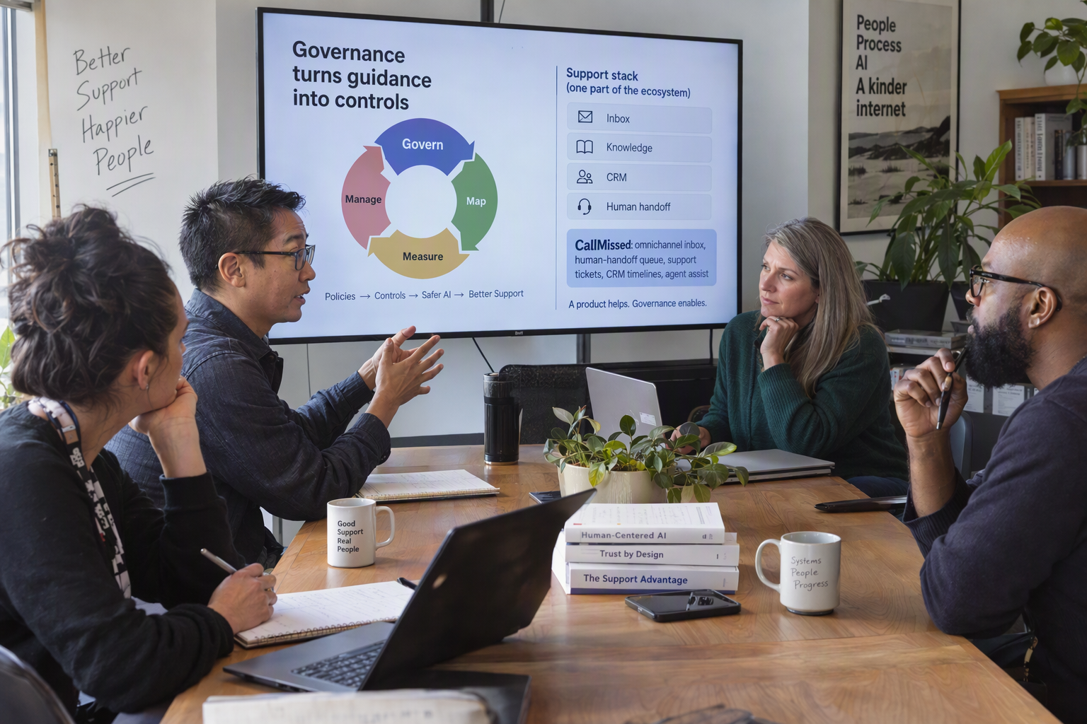 A roundtable of a support leader, an AI engineer, a privacy specialist, and a frontline agent reviews a workflow blueprint