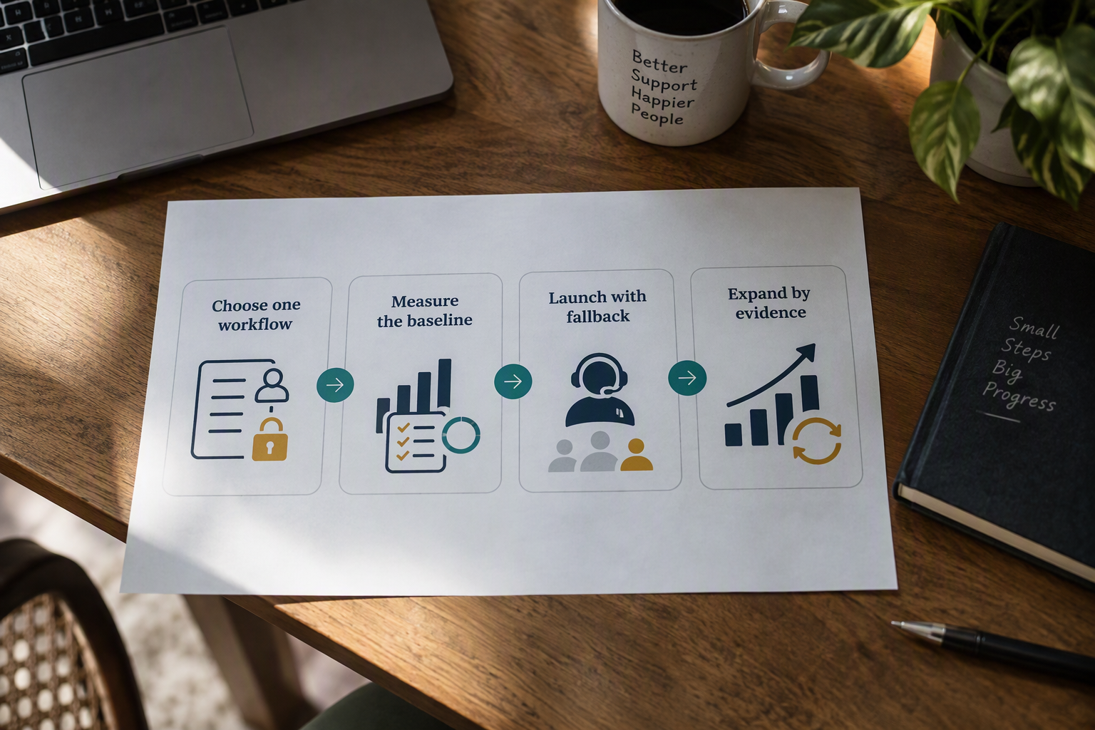 Create a clean four-step horizontal process infographic explaining the core answer
