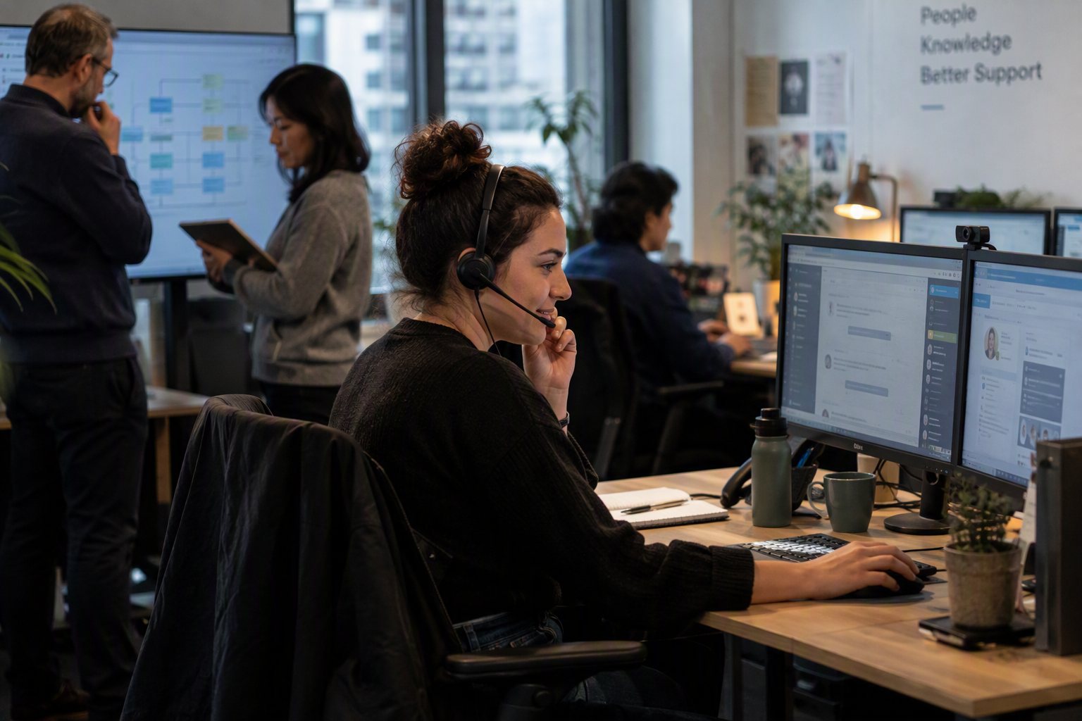 Depict a live support floor where a human specialist calmly takes over a customer conversation from an AI-assisted screen,