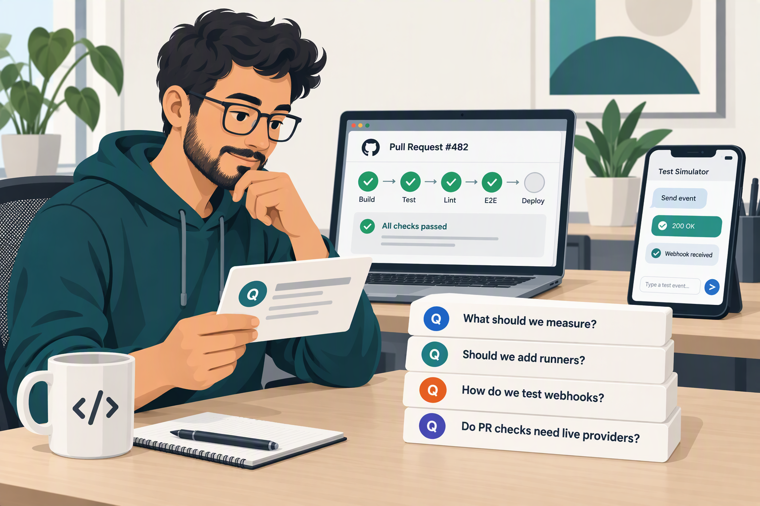 Create a polished FAQ-themed illustration in a developer workspace, with a test engineer reviewing a small stack of question