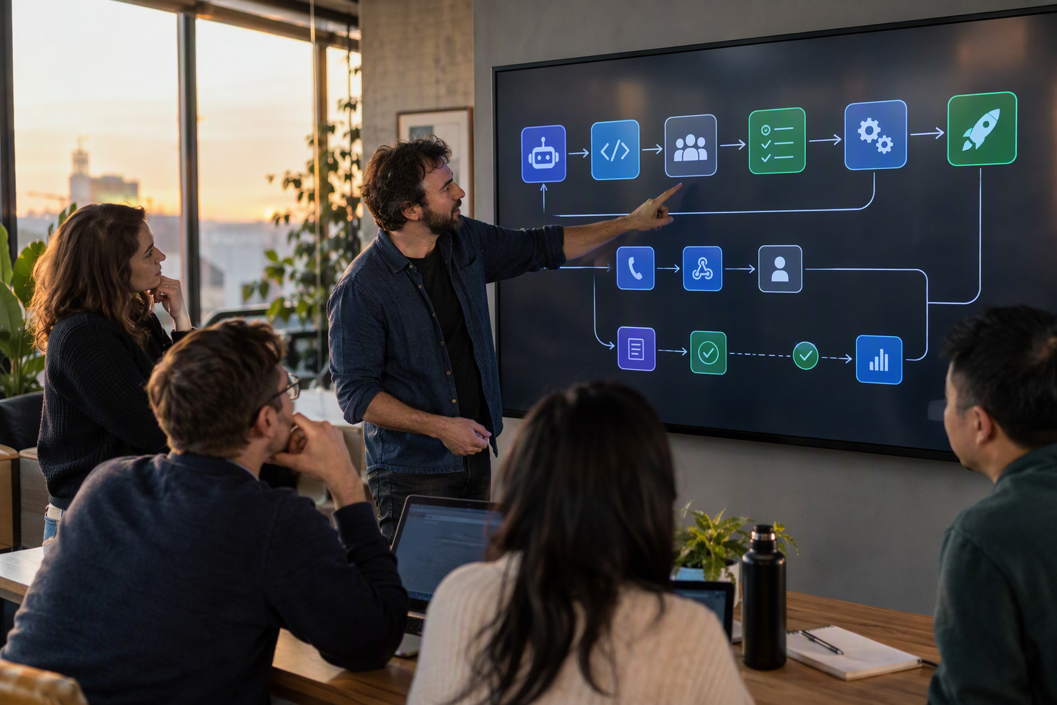 An engineering lead stands beside a large digital workflow wall, tracing a pull request from AI-generated code through