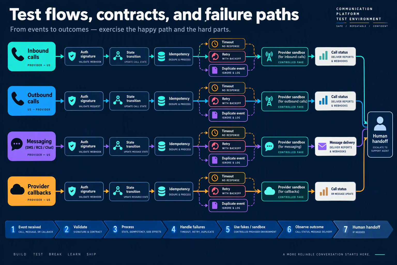Show a communication-platform test environment as a precise flow diagram on a dark navy canvas, with separate lanes for