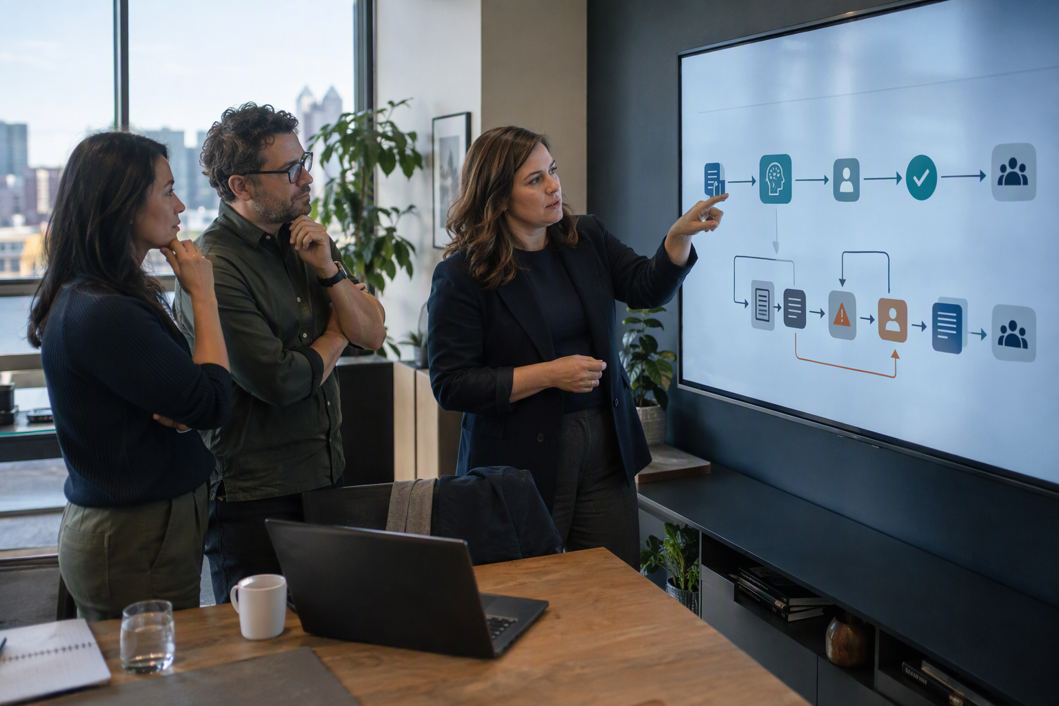 A frontline operations manager and two colleagues examine an AI-assisted workflow on a broad wall display in a modern