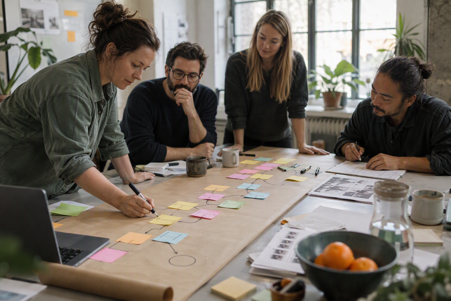 A small cross-functional team maps one frequent business workflow on a long paper roll in a bright workshop space
