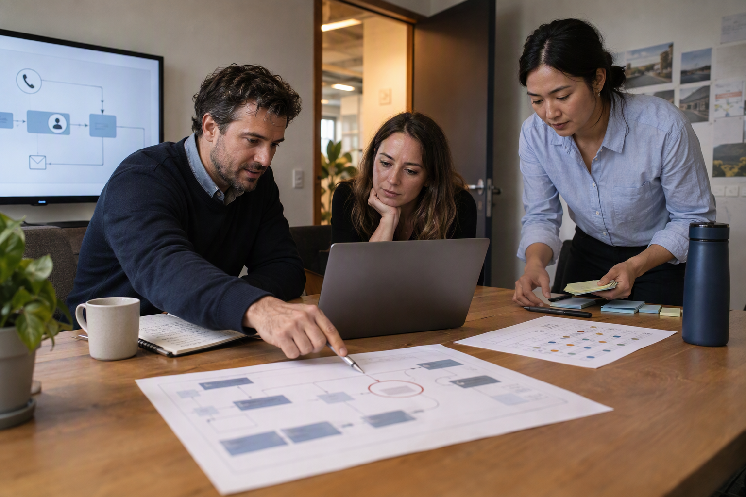 A business team concludes an audit in a quiet project room, placing a one-page worksheet and a simple scorecard beside a
