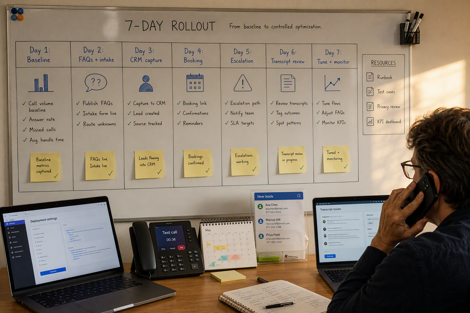 Show a seven-day rollout board in a small-business operations room, with seven distinct cards progressing from baseline