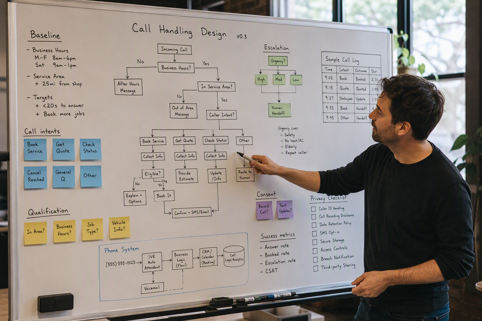 Show a small-business developer and owner at a whiteboard mapping real call scenarios before implementation