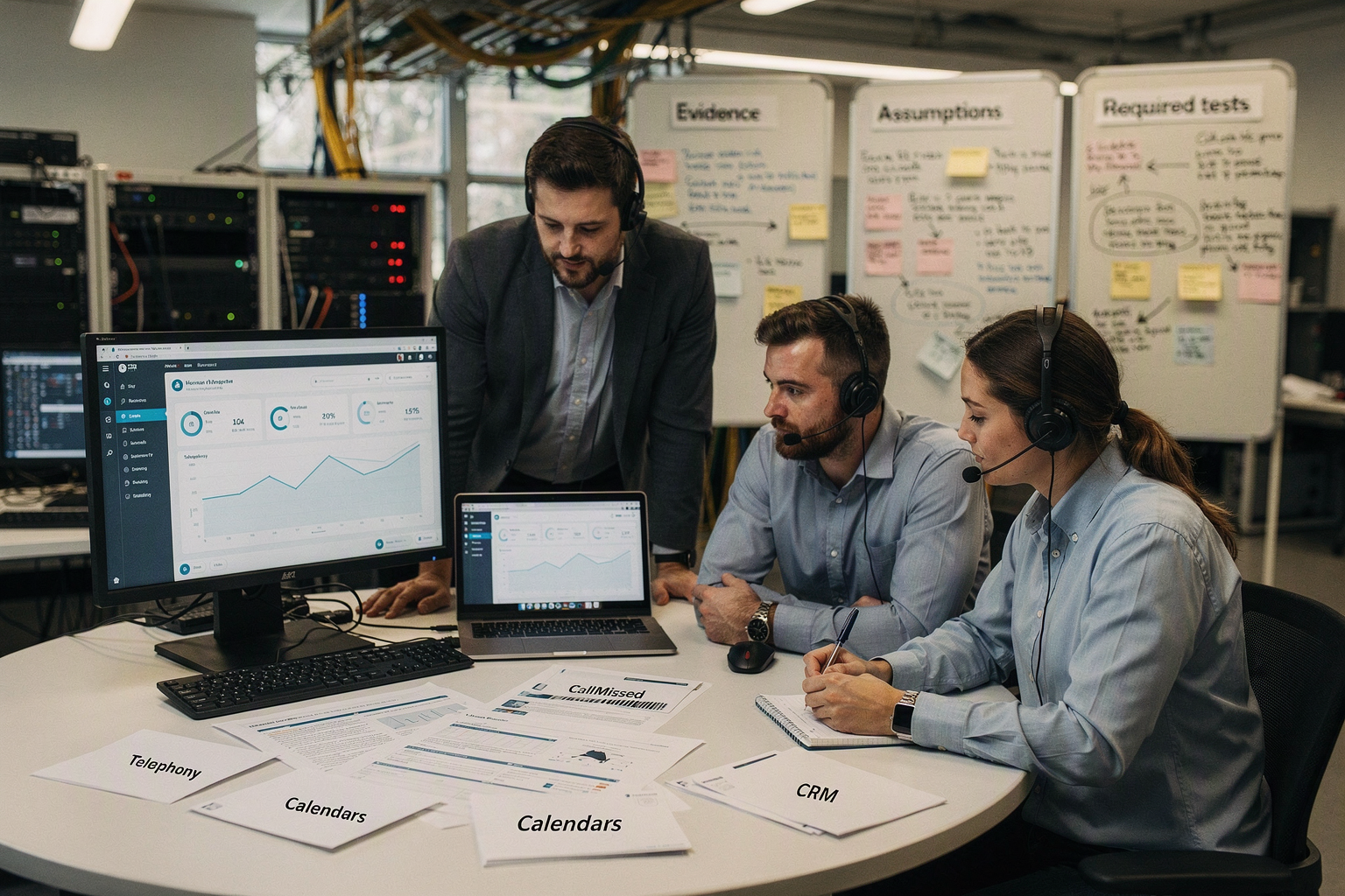 A workshop scene in a quiet call-center lab where a telephony engineer, security specialist, operations manager and