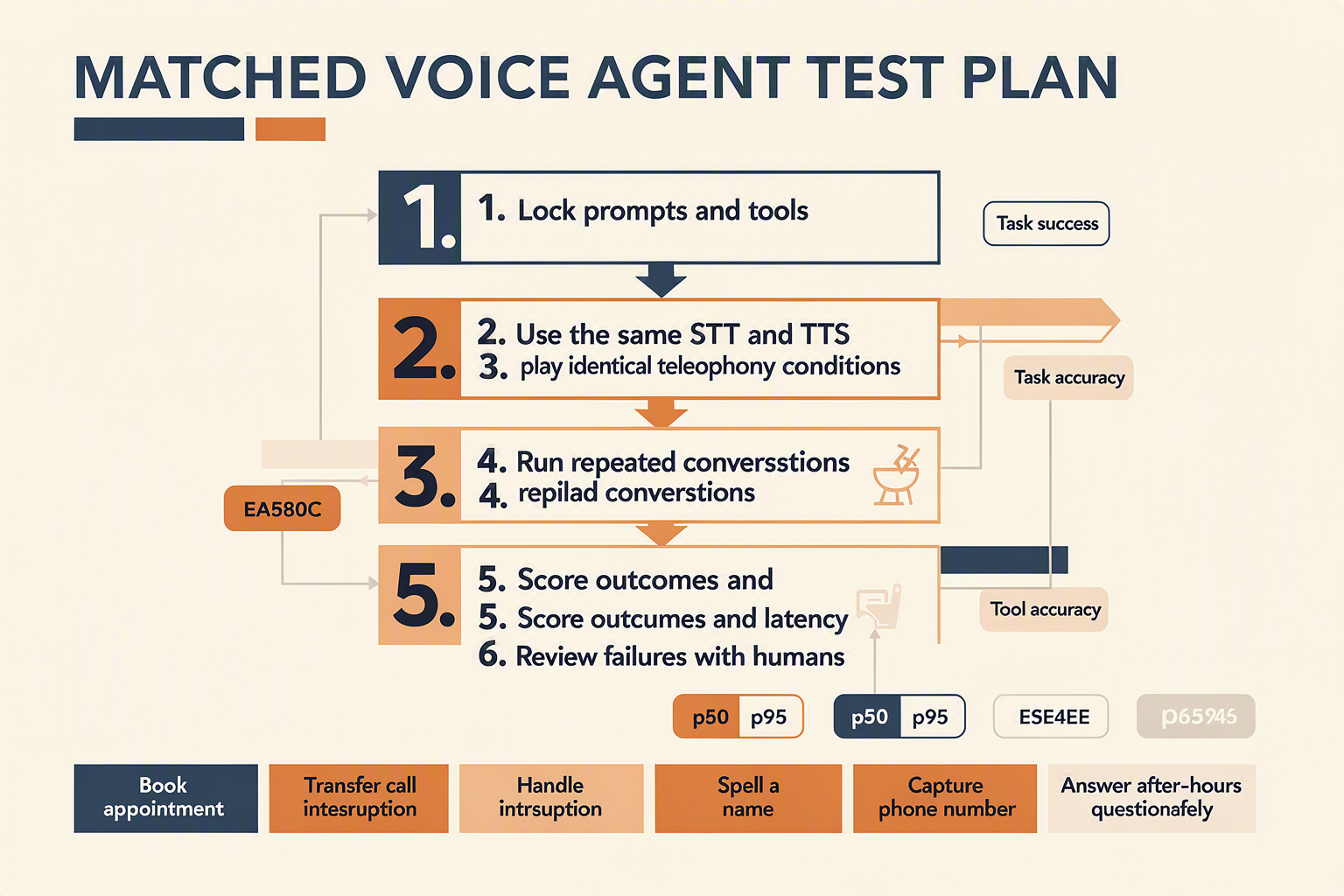 A benchmark checklist infographic titled MATCHED VOICE AGENT TEST PLAN arranged as six numbered cards: 1