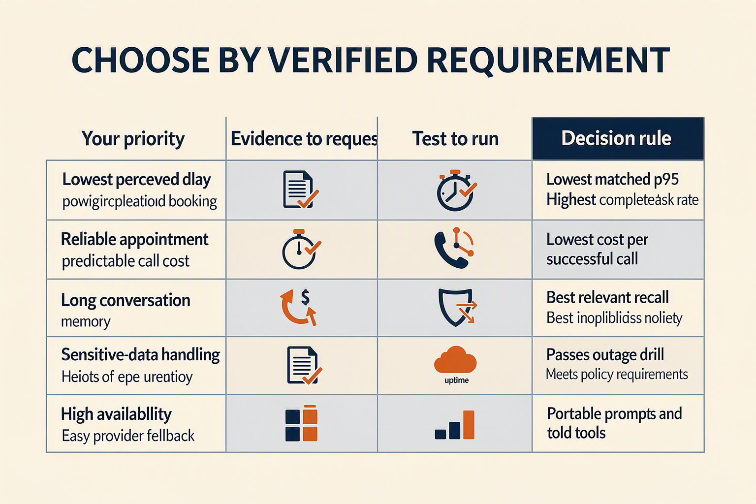 A decision-matrix infographic titled CHOOSE BY VERIFIED REQUIREMENT with columns Your priority, Evidence to request, Test to