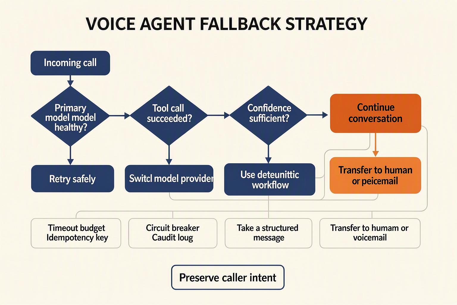 A resilient routing flowchart titled VOICE AGENT FALLBACK STRATEGY beginning with Incoming call and branching through