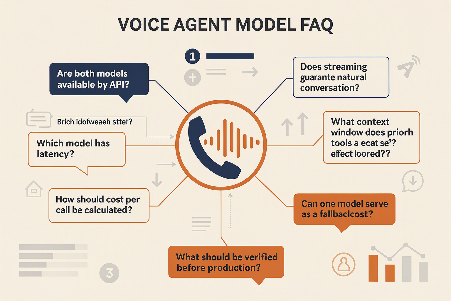A clean FAQ knowledge-map infographic titled VOICE AGENT MODEL FAQ with a central telephone waveform connected to question