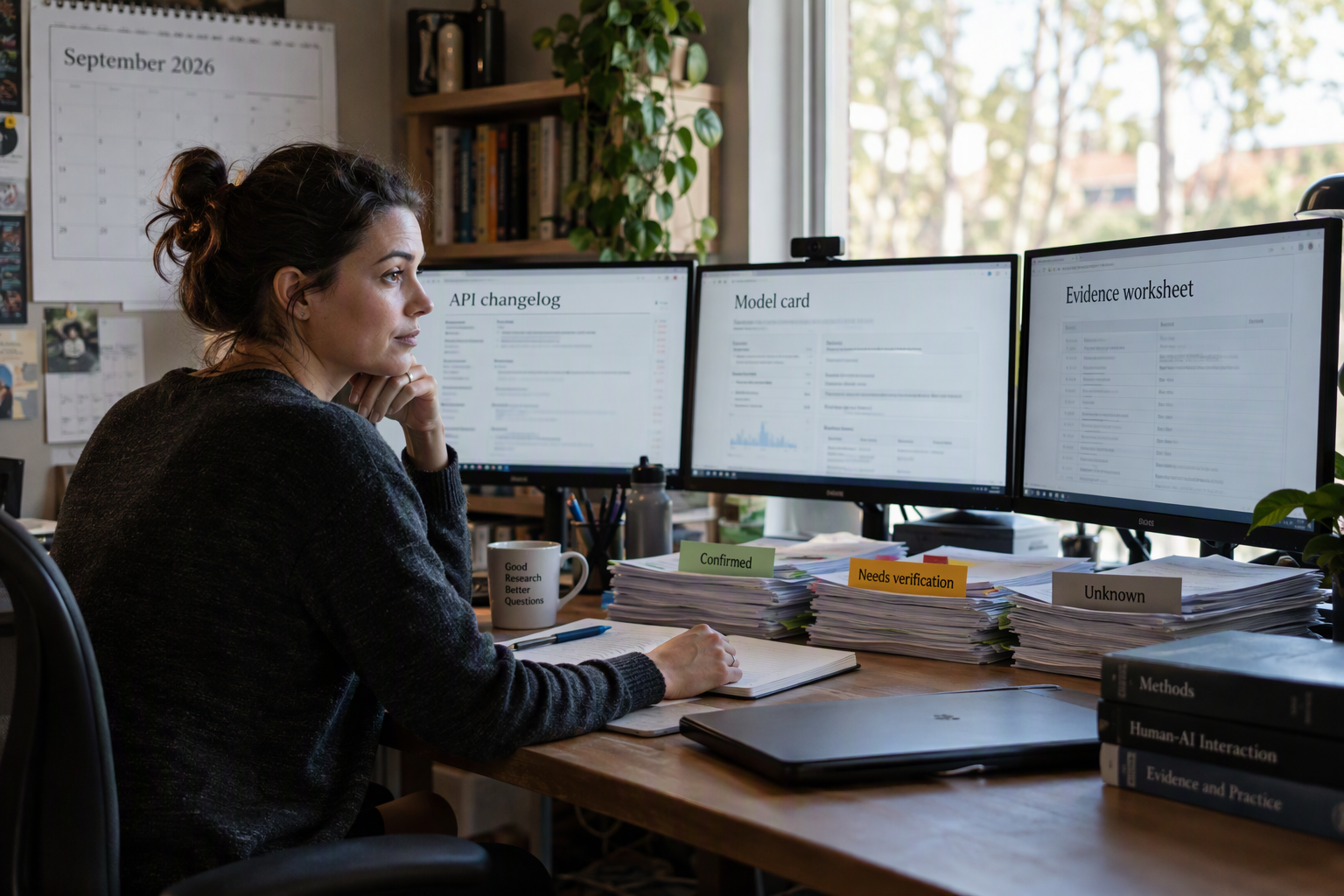 Show a technology analyst at a large research desk comparing current first-party model documentation on several monitors,
