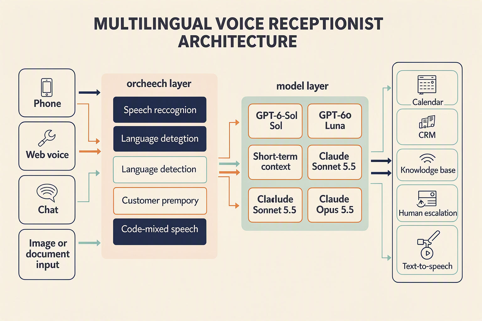 Create a layered AI receptionist architecture diagram titled Multilingual Voice Receptionist Architecture