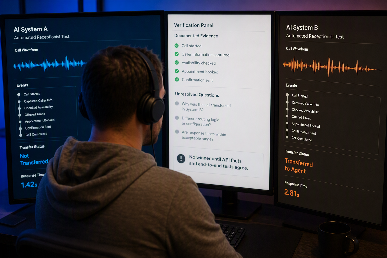 A split-screen editorial scene showing the same automated receptionist workflow evaluated through two abstract AI systems