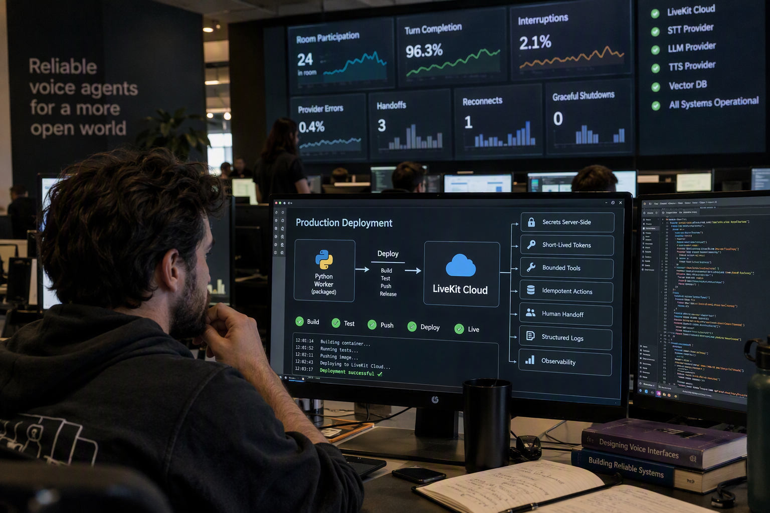 Depict a production-readiness control room for a realtime voice agent