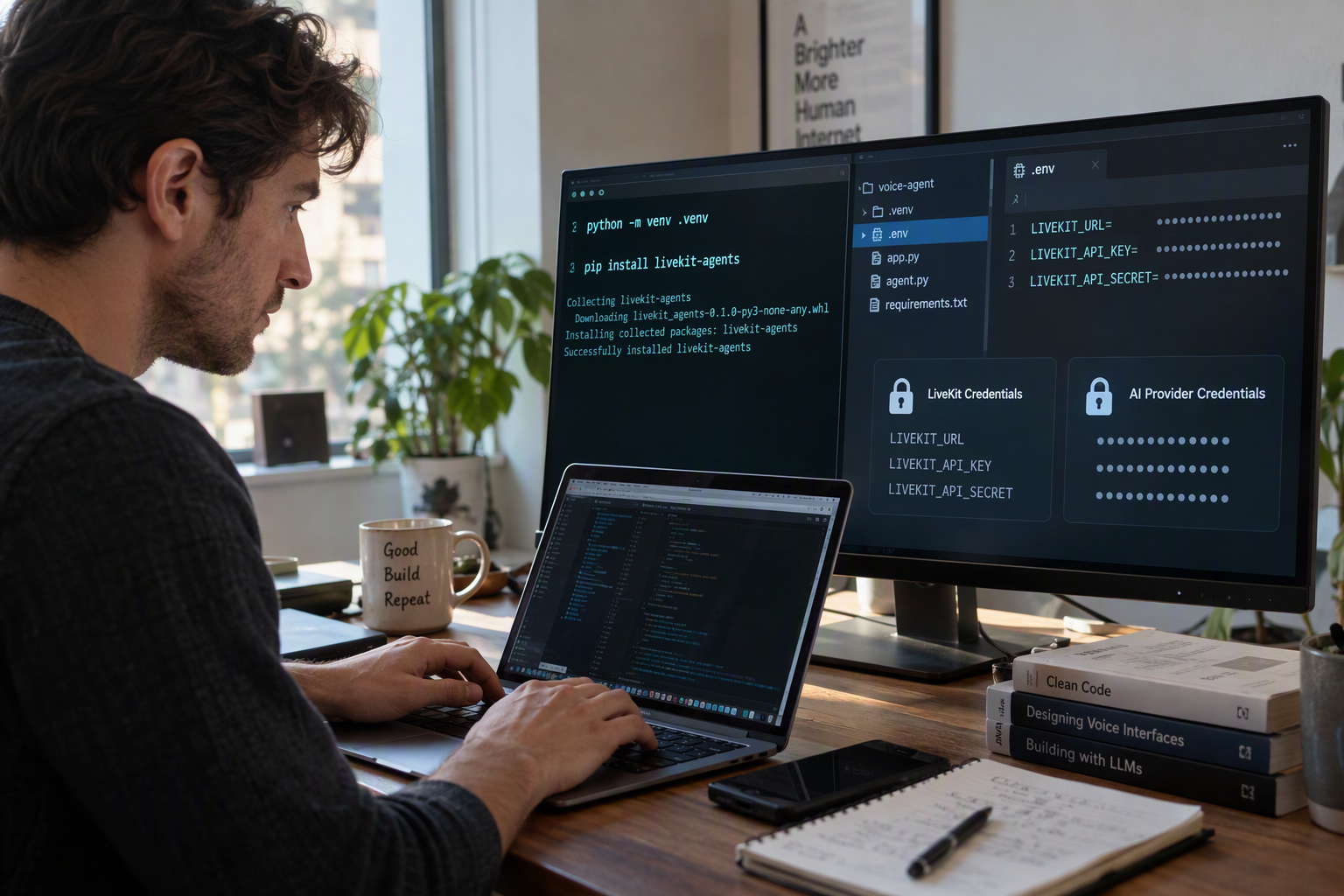 Depict a developer setting up a Python voice-agent project in a terminal and code editor