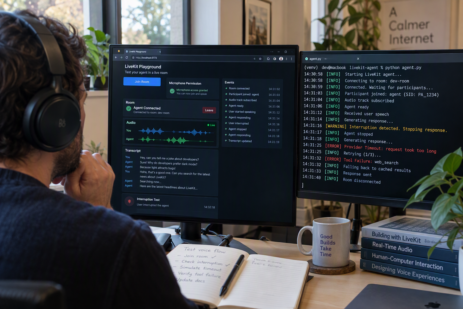 Show a local testing scene with a developer wearing headphones while a browser playground joins a LiveKit room and a Python