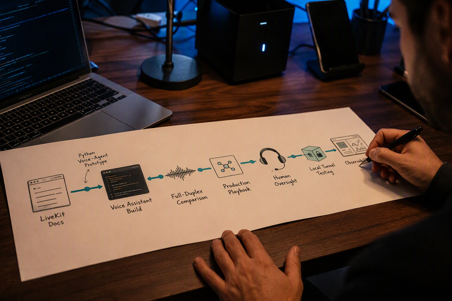 Show a developer roadmap laid out across a desk as connected milestones leading from a small Python voice-agent prototype to