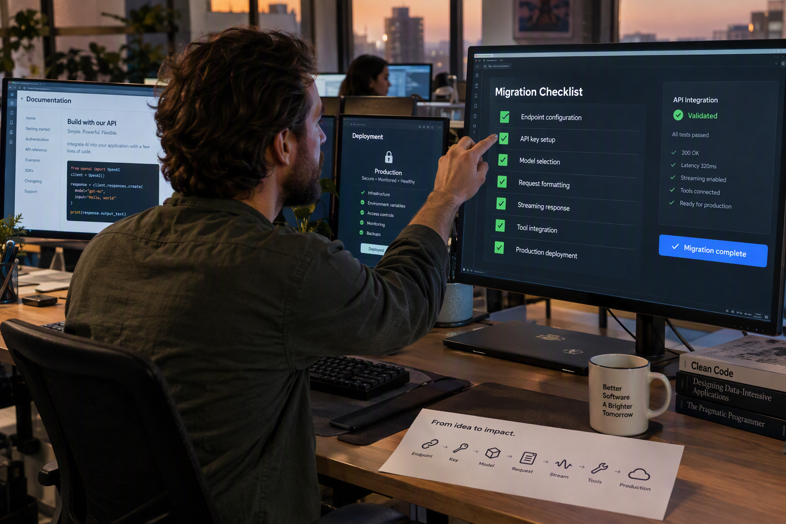 A developer closes a migration checklist on a large monitor after validating an API integration