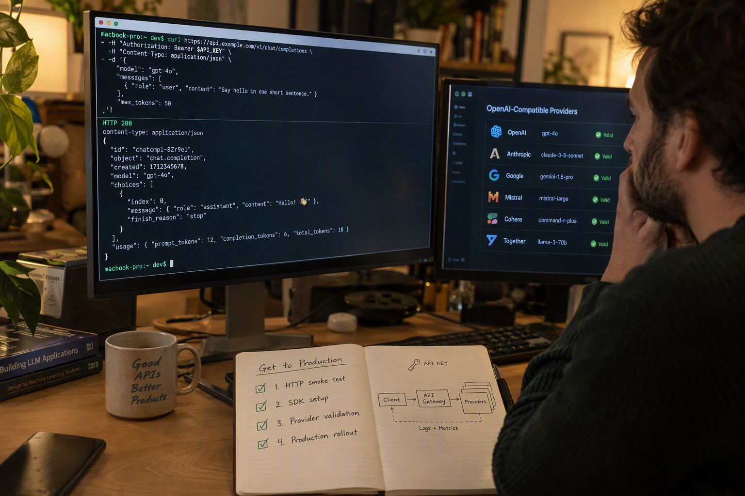 A developer terminal fills the foreground with a successful curl request and a compact JSON response, while a second monitor