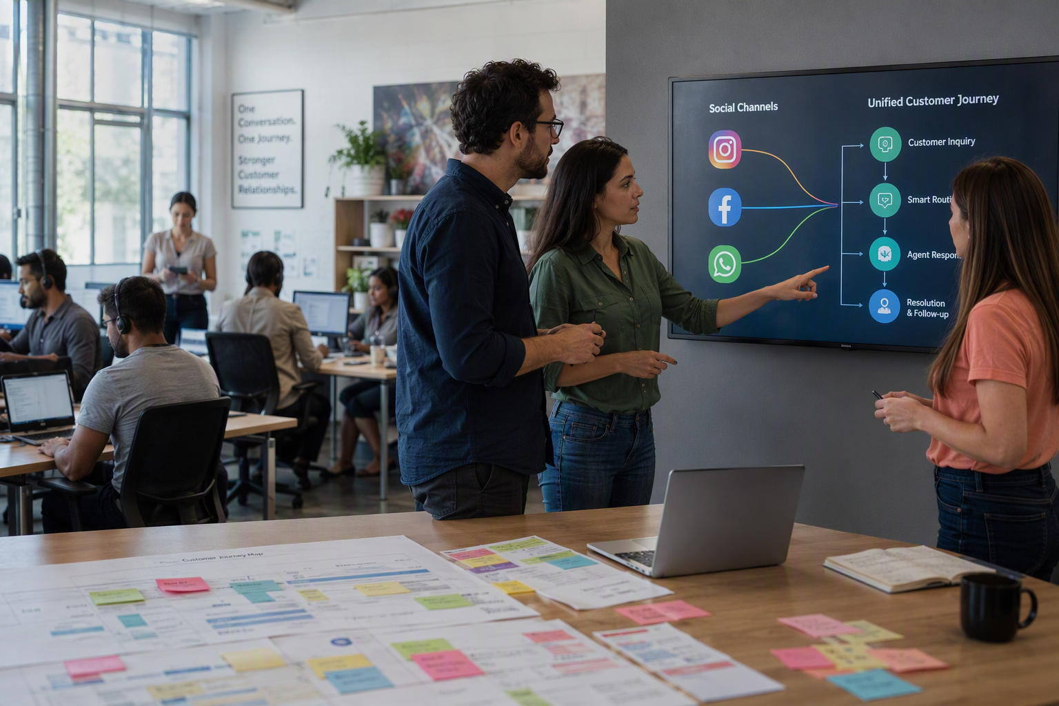 A collaborative planning scene inside a bright digital agency studio, with a software architect, ecommerce manager and