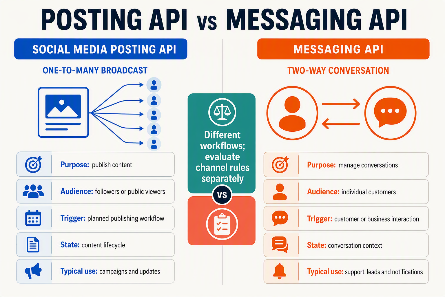 A split-screen comparison infographic titled Posting API vs Messaging API
