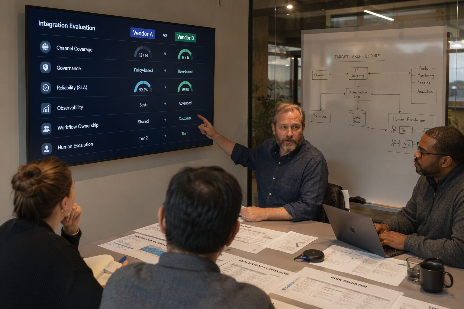 A buyer and architecture review workshop in a glass meeting room, with a principal engineer, security specialist, agency