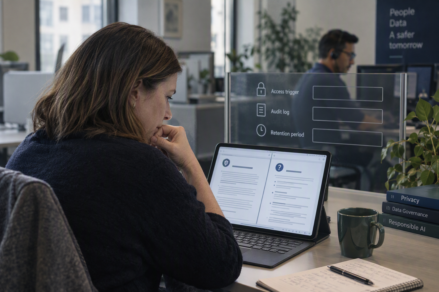 Show a privacy reviewer examining two open documents on a tablet, one representing a consumer privacy policy and the other a