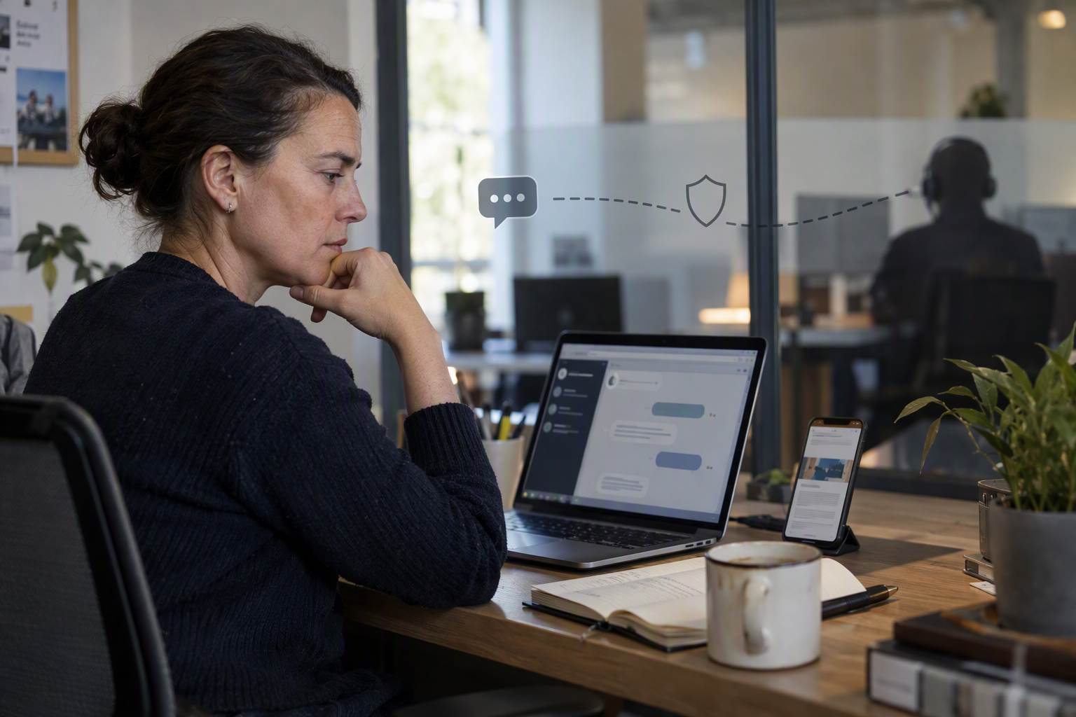 A privacy-conscious support manager sits at a desk between a laptop displaying an abstract chat window and a phone showing a