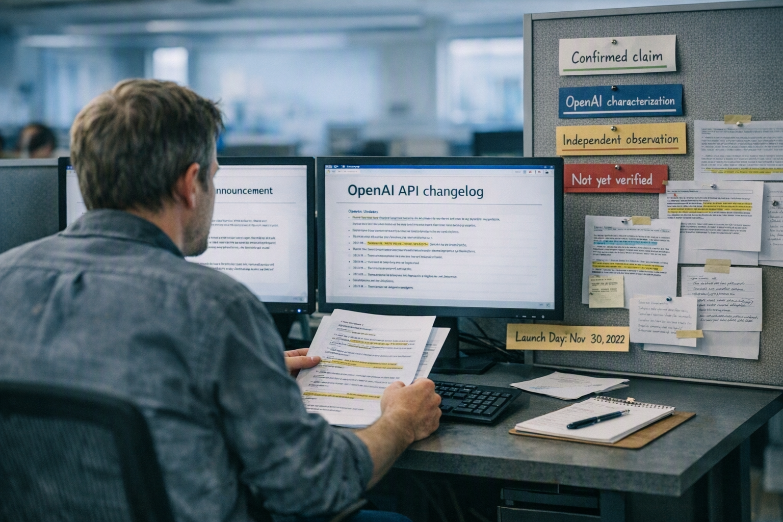 Show a verification desk in a modern newsroom where an analyst compares two first-party documents on large monitors