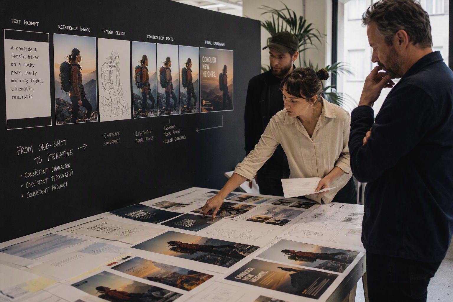 Show a creative team reviewing the evolution of AI image workflows in a spacious design studio