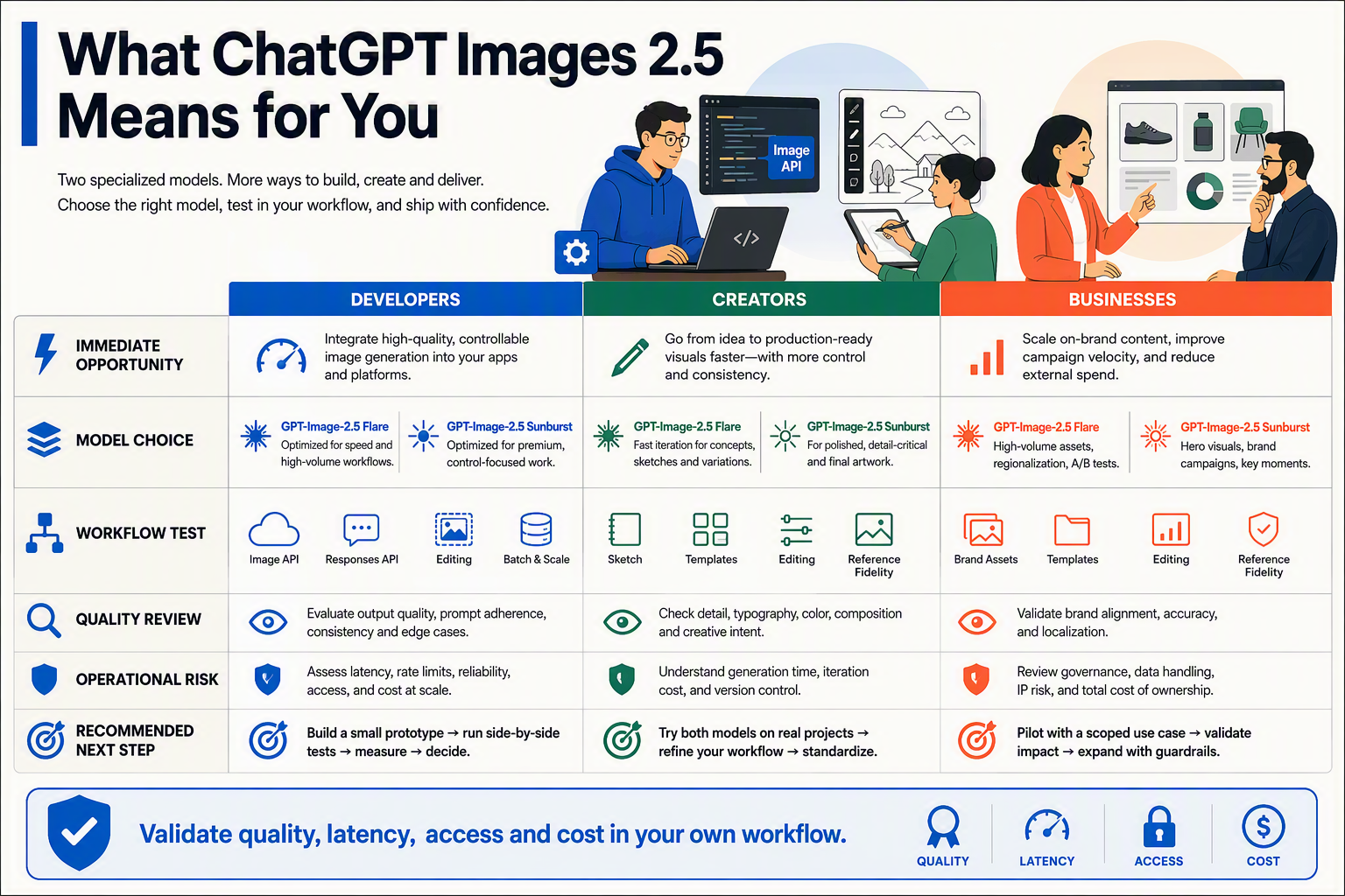 Design a three-column practical decision table titled What ChatGPT Images 2.5 Means for You