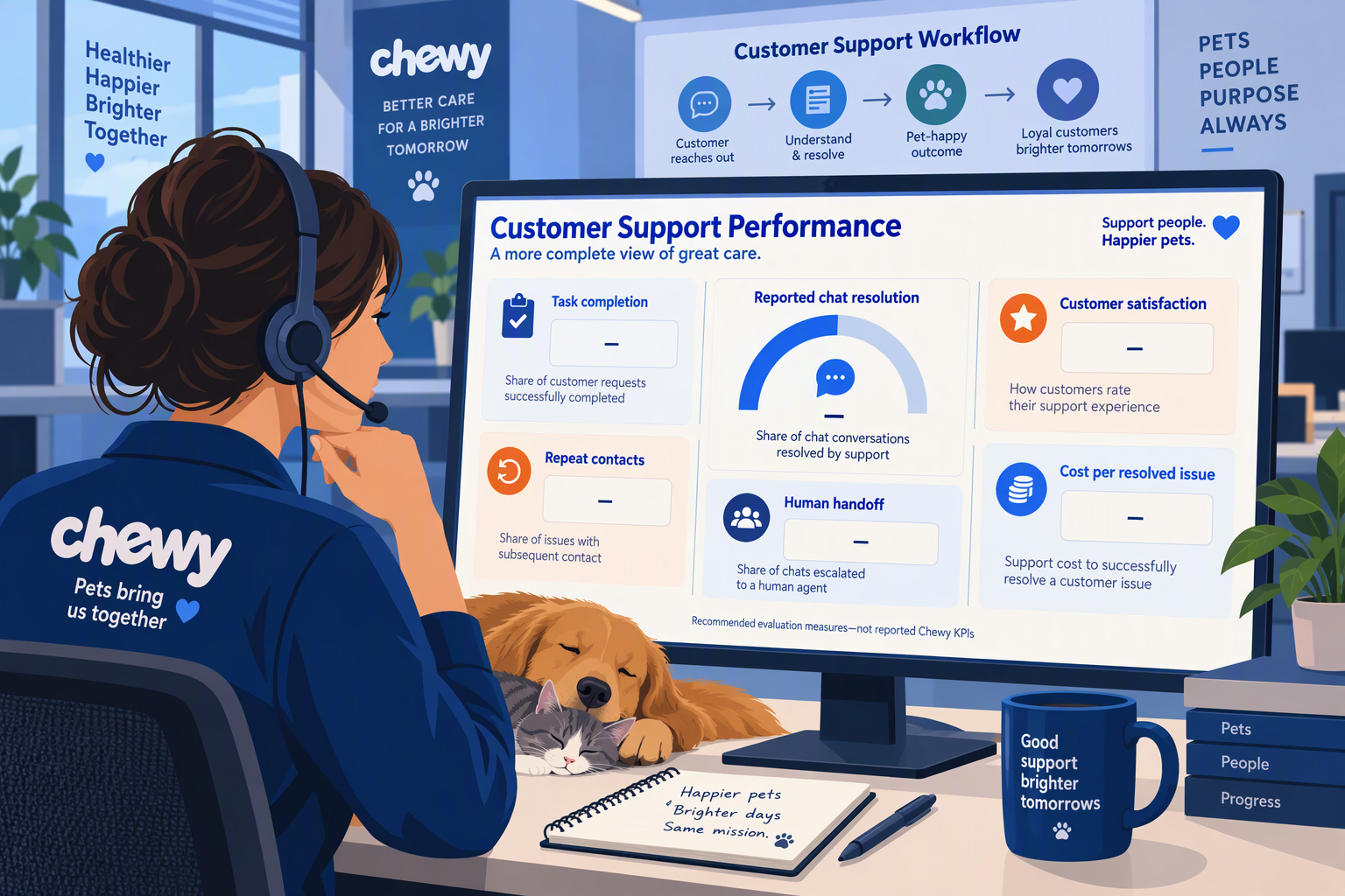 Illustrate a balanced customer-support measurement dashboard on a desk in a modern operations room, viewed at a slight angle