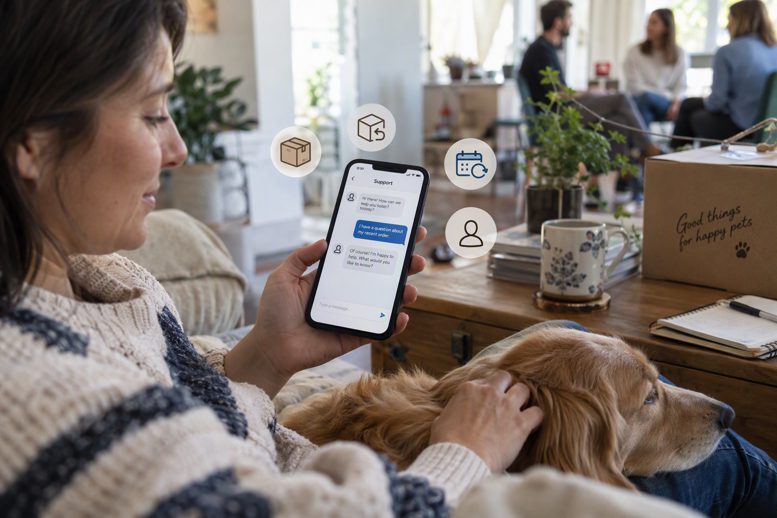 Show a mobile-app customer support moment in a bright home: a pet owner sits beside a relaxed dog, holding a smartphone with