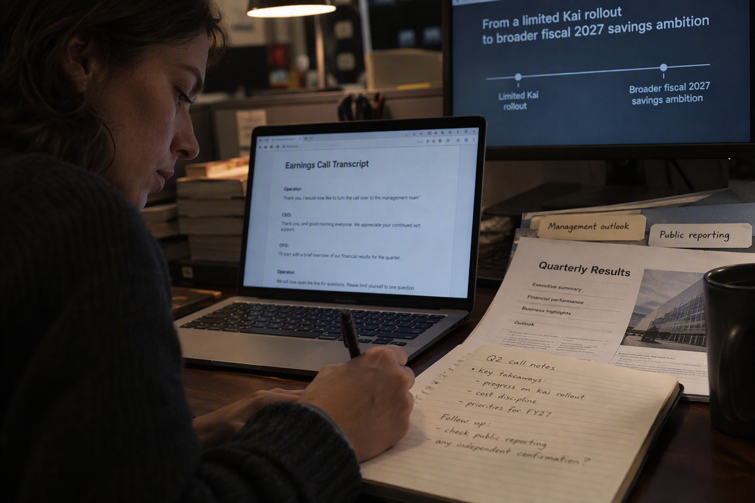 Depict an earnings-call research scene in a quiet newsroom or analyst workspace: an open laptop displays a transcript-style