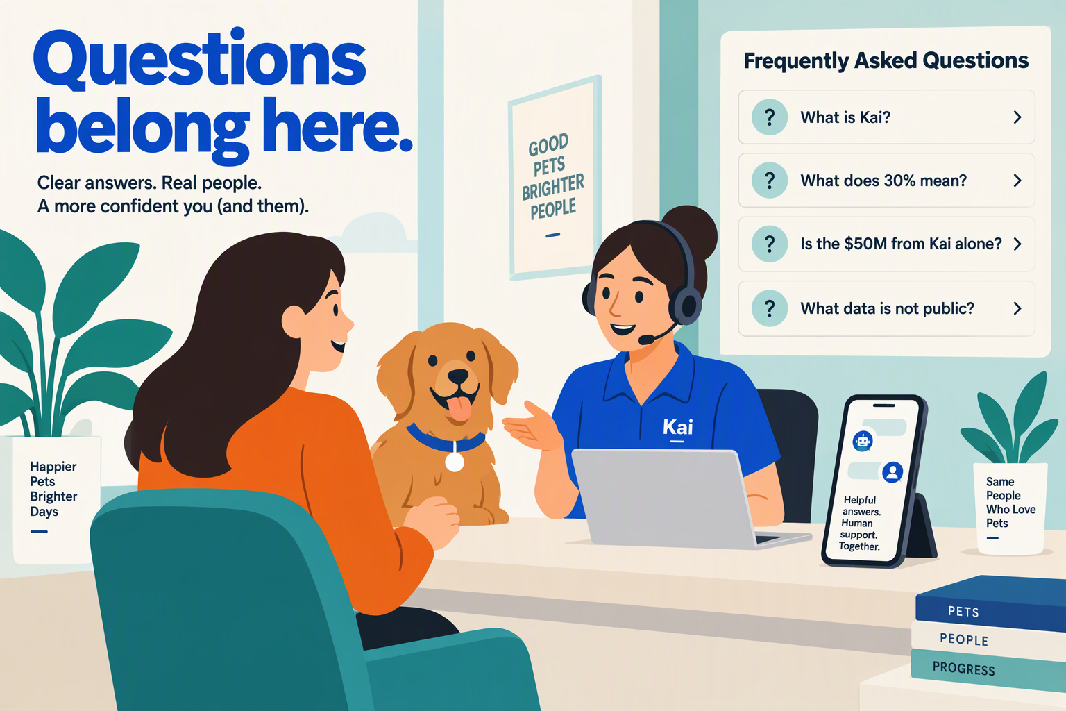 Create a distinct, welcoming customer-support scene for a FAQ section: a pet owner speaks with a human support