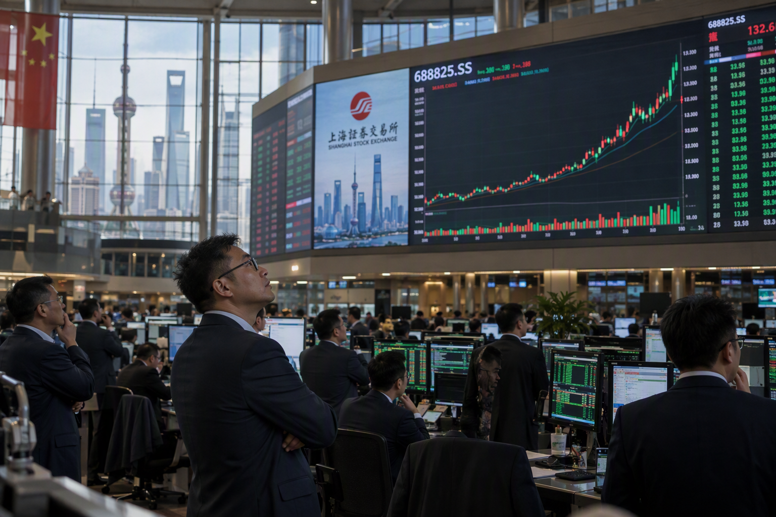 A busy Shanghai Stock Exchange trading hall on a Monday morning, rows of illuminated Bloomberg-style terminals glowing