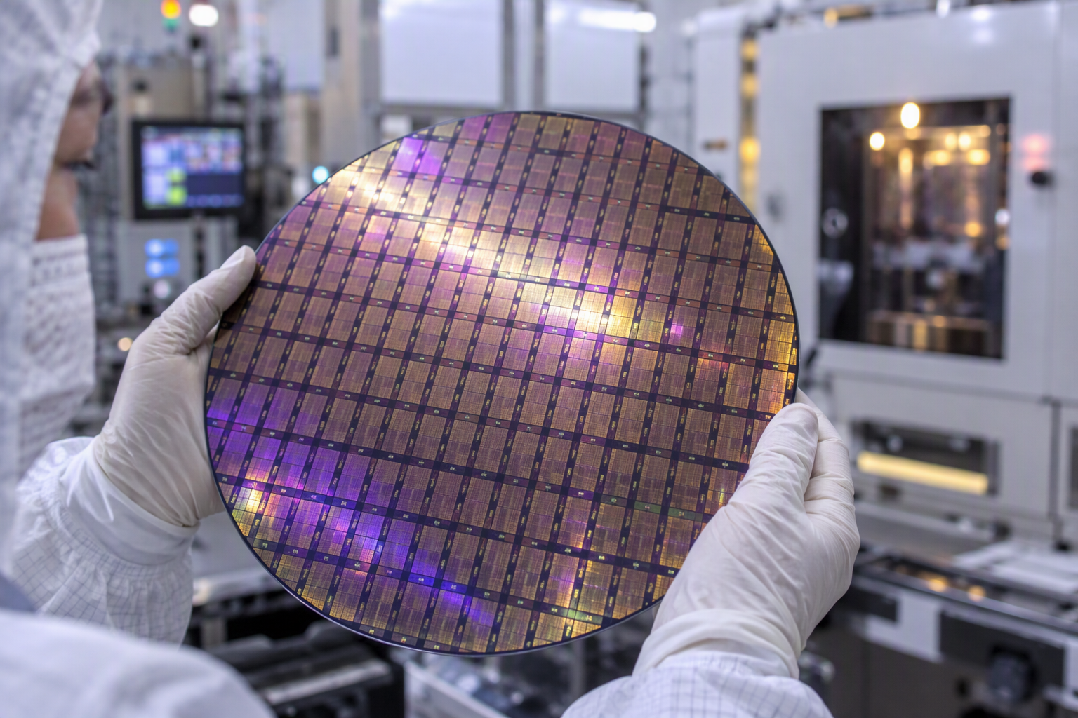 An extreme close-up of a shimmering DDR memory wafer held by gloved hands inside a semiconductor cleanroom, rows of tiny