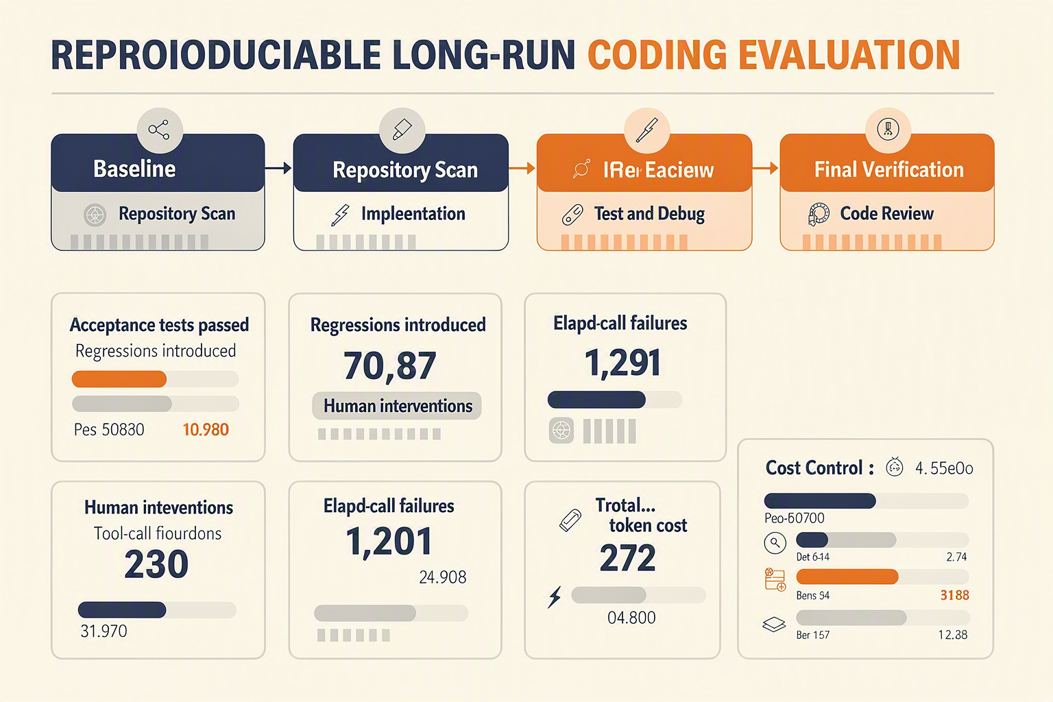 A wide experimental dashboard infographic titled REPRODUCIBLE LONG-RUN CODING EVALUATION
