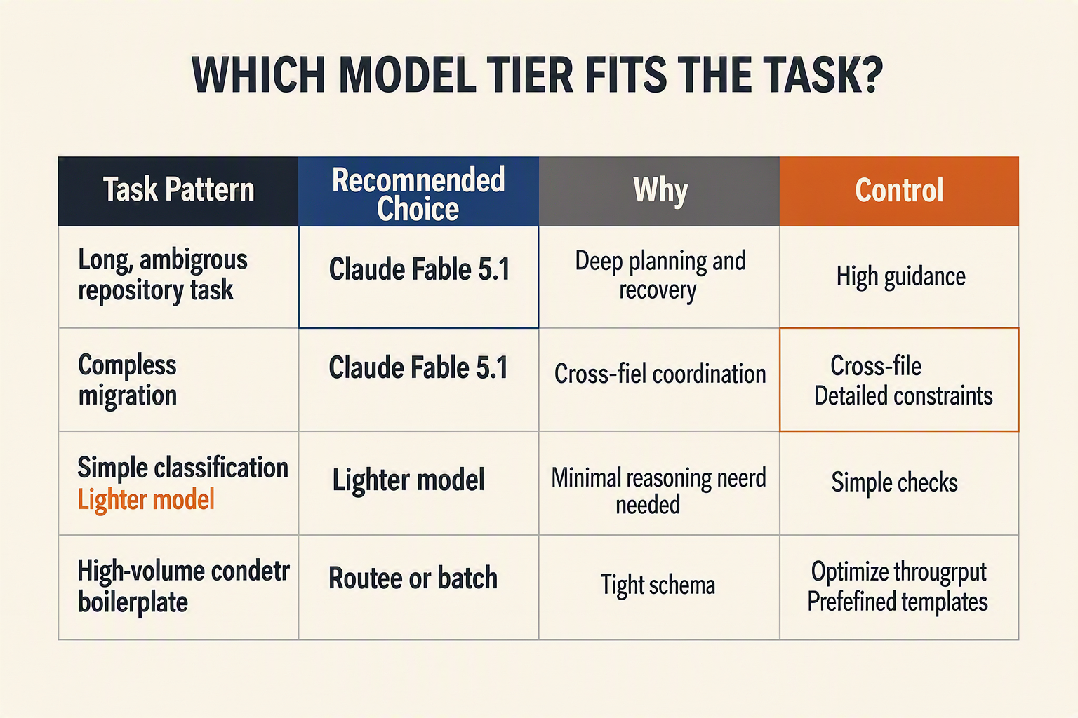 A decision-matrix infographic titled WHICH MODEL TIER FITS THE TASK?