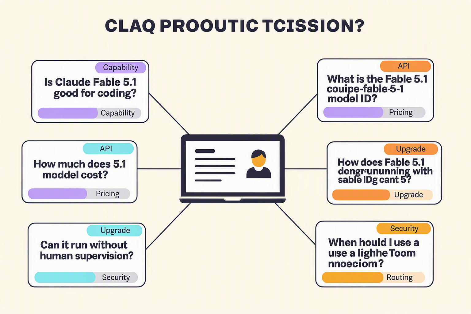 A clean FAQ knowledge-map infographic titled CLAUDE FABLE 5.1 CODING FAQ with a central terminal-and-agent symbol connected