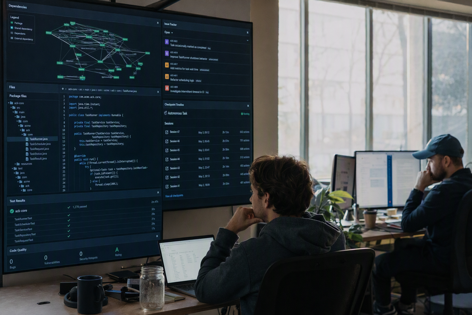 A focused engineering team in a quiet software lab examining a complex application architecture spread across wall displays,